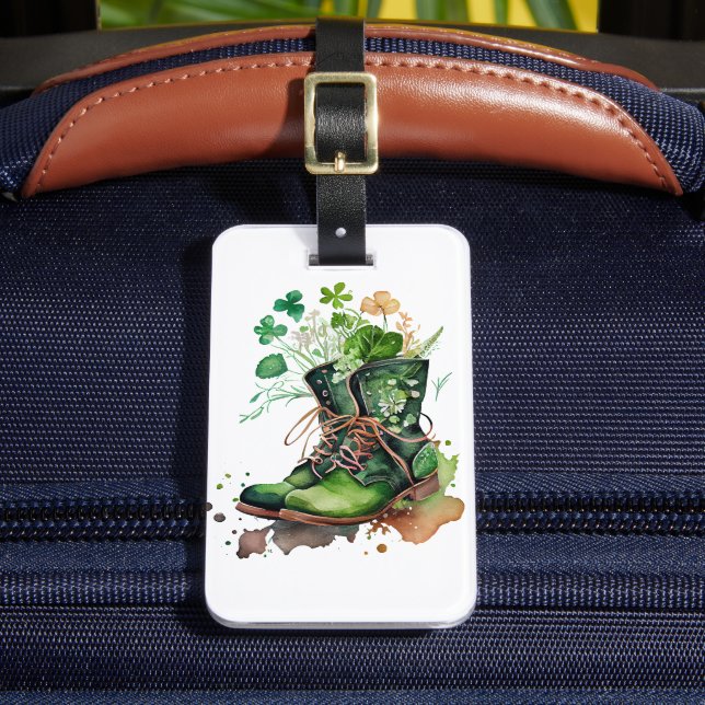 GRÖNT IRLÄNDSKA ARBETSBOOT MED SHAMROCKS FLOWERS BAGAGEBRICKA (Framsida Insitu 2)