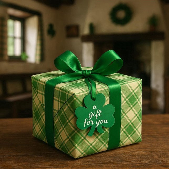Grönt irländskt rutmönstrat presentpapper (St Patricks day "gift for you" wrapping paper with  green satin bow. A classic green and white plaid)