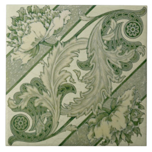 Grönt Ivory Art nouveau Peony Antique Repro Tile Kakelplatta