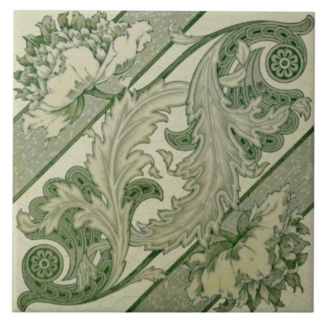 Grönt Ivory Art nouveau Peony Antique Repro Tile Kakelplatta (Framsidan)