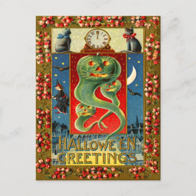 Grönt Jack O'Lantern Ghost Pumpkin Black Cat Vykort (Framsida)