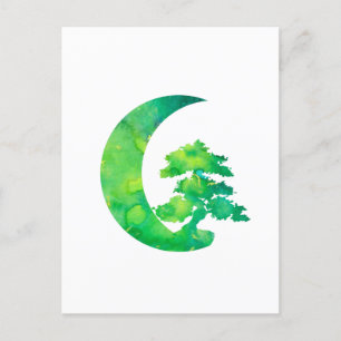 Grönt Jade Crescent Måne och Bonsai Träd Vykort