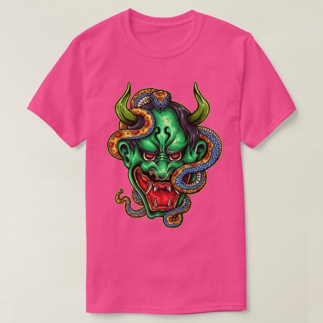 Grönt Japansk Oni Hannya Mask Demon Djävulen Snake T Shirt (Design framsida)