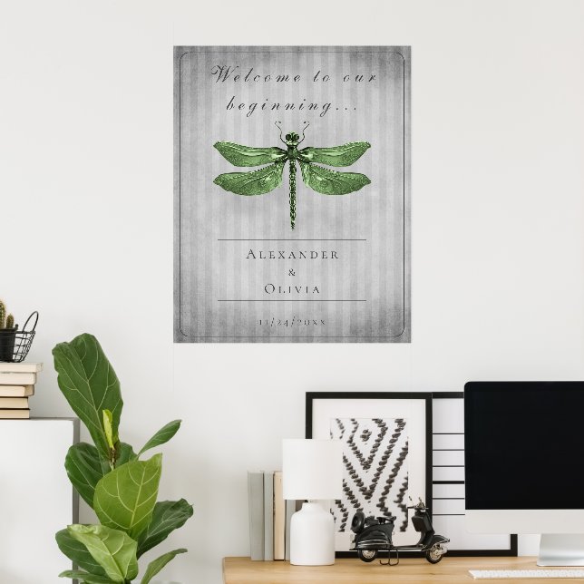 Grönt Jeweled Dragonfly Bröllop Välkommen Poster (Hemmakontoret)