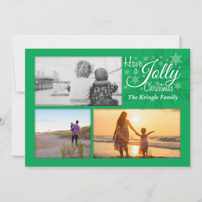 Grönt Jolly Jul Snowflake Helgdag Photo Card Julkort (Framsida)