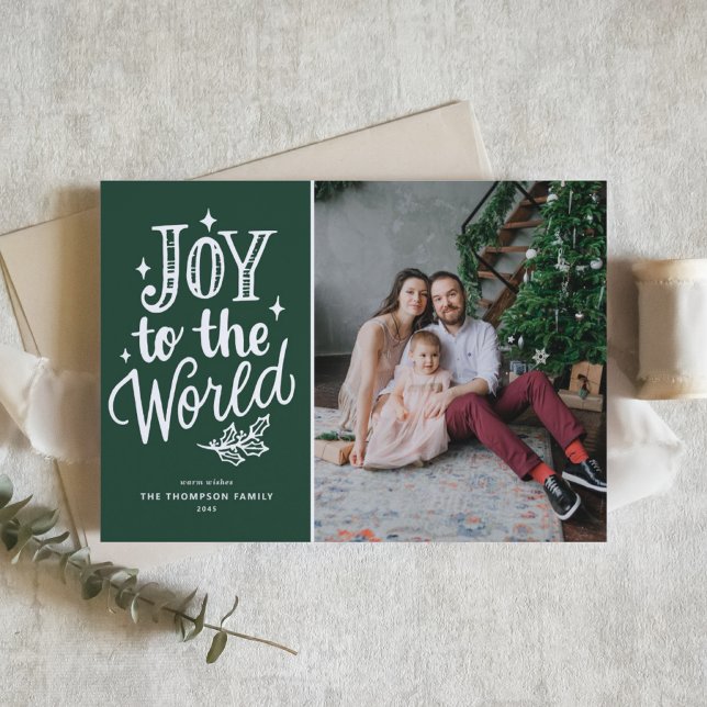 Grönt Joy to World jul Sång Photo Helgkort (Celebrate the season with this customizable green "Joy to the World" photo Christmas card.)