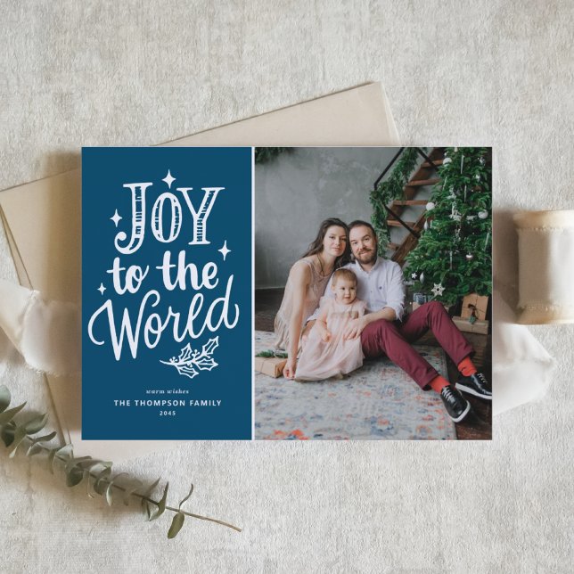 Grönt Joy to World jul Sång Photo Holid Helgkort (Celebrate the season with this customizable blue "Joy to the World" photo Christmas card.)