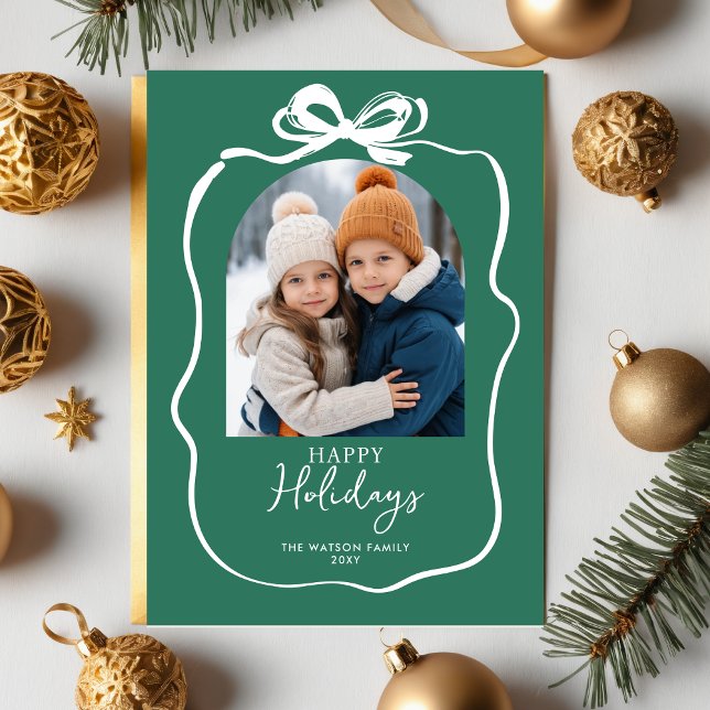 Grönt Jul 4 Fotohandritat band Julkort (Green Christmas 4 Photo Hand-Drawn Bow Ribbon Holiday Card)
