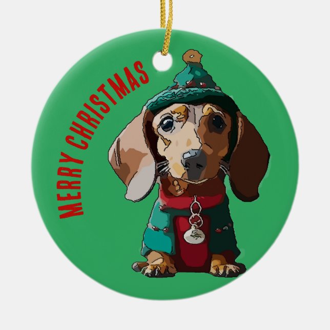 Grönt Jul Dachshund Julgransprydnad Keramik (Framsidan)