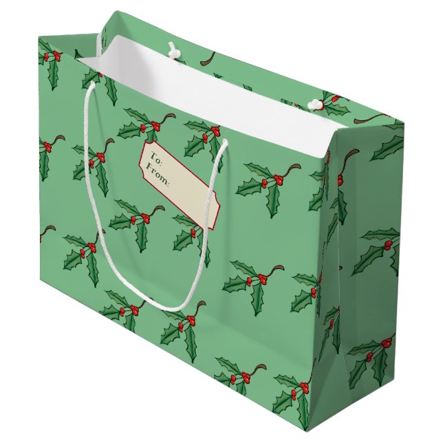 Grönt jul Holly Namn bricka Gift Bag (Framsidan Vinklad)