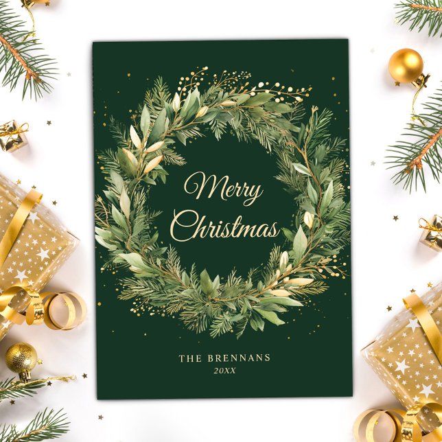 Grönt Jul Modern Elegant Botanical Grey Julkort (Green Christmas Modern Elegant Botanical Greenery Holiday Card)