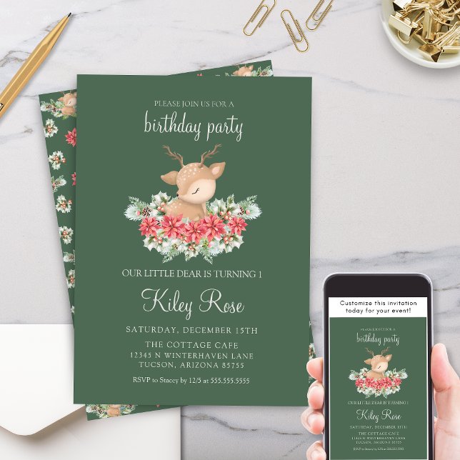 Grönt jul Poinsettia Little Hjort Birthday Inbjudningar (Green Christmas Poinsettias Little Deer Christmas Winter Birthday Party Invitations)