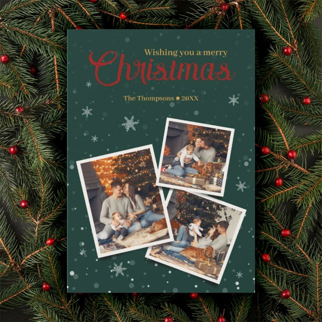 Grönt jul Snö Flakes Photo Collage Julkort (Skapare uppladdad)
