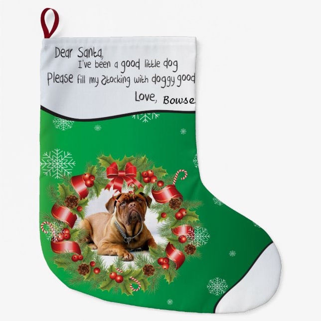 Grönt Julafton PHOTO RAM för Hund foto Stor Julstrumpa (Framsidan)