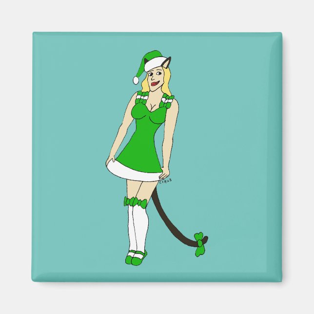 Grönt Julcatgirl Magnet (Framsidan)