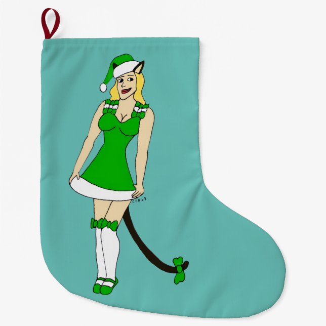 Grönt Julcatgirl Stor Julstrumpa (Framsidan)
