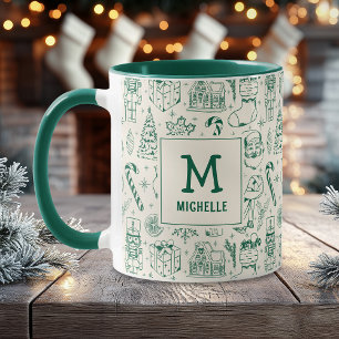 Grönt: Juldoodle Monogram och Namn Mugg