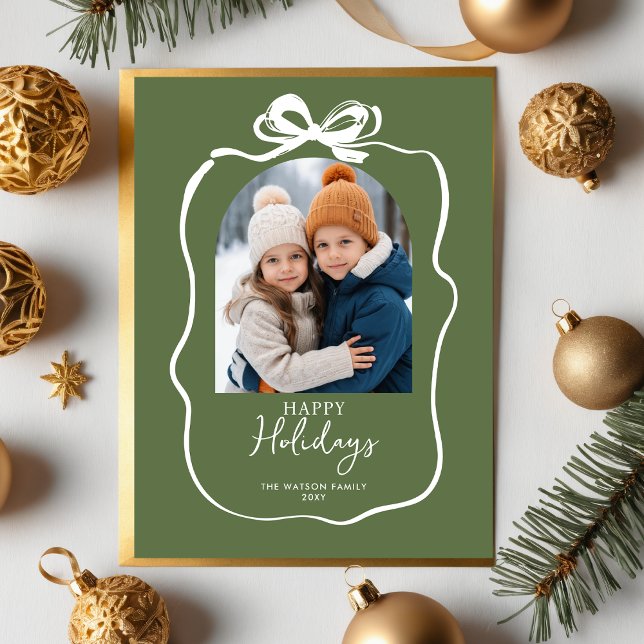 Grönt Julfoto Handritad Bow Ribbon Helg Vykort (Green Christmas Photo Hand-Drawn Bow Ribbon Holiday Postcard)
