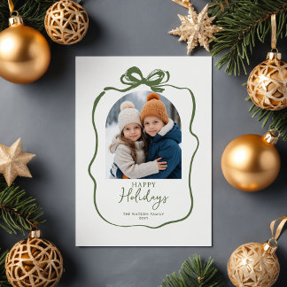 Grönt Julfoto Handritad Bow Ribbon Helg Vykort