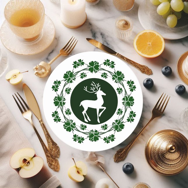 Grönt Julfrö Renor Underlägg Papper Rund (Green Christmas Wreath Reindeer Round Paper Coaster)