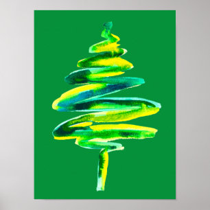 Grönt Julgran abstrakt vattenfärg Poster
