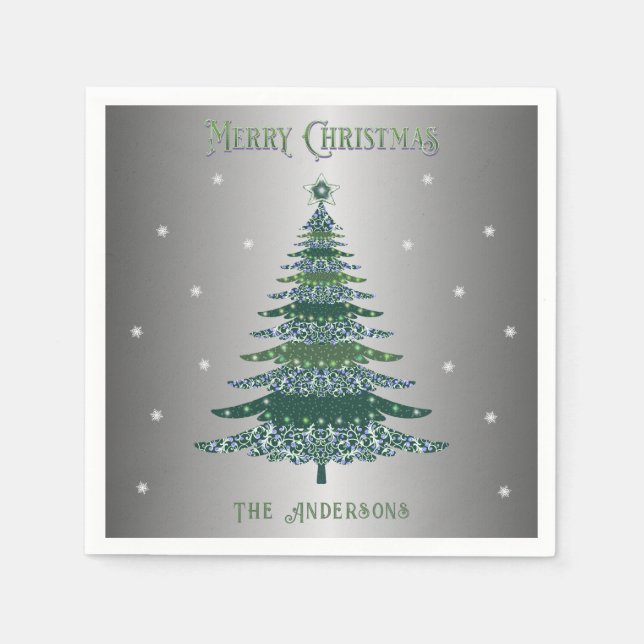 Grönt Julgran Anpassat namn Silver Foil Pappersservett (Framsidan)