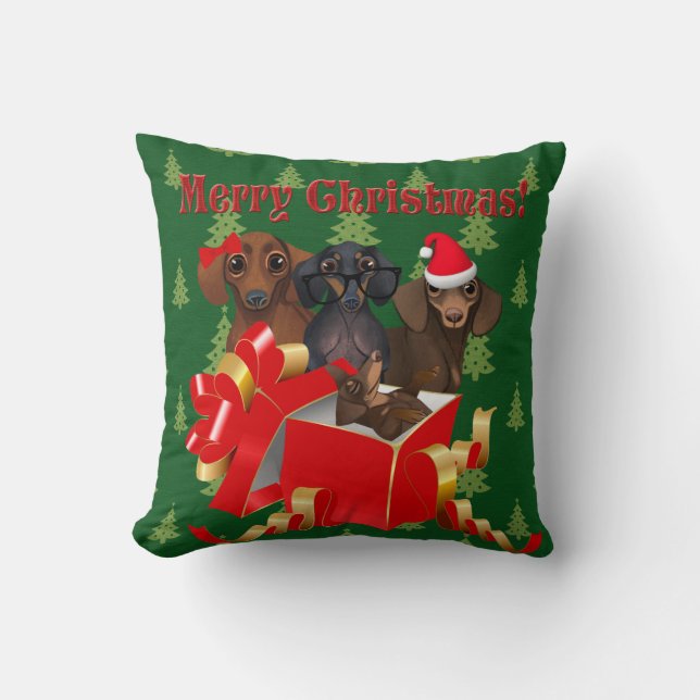 Grönt Julgran Dachshund-familjen Dekorativ kudde (Framsida)