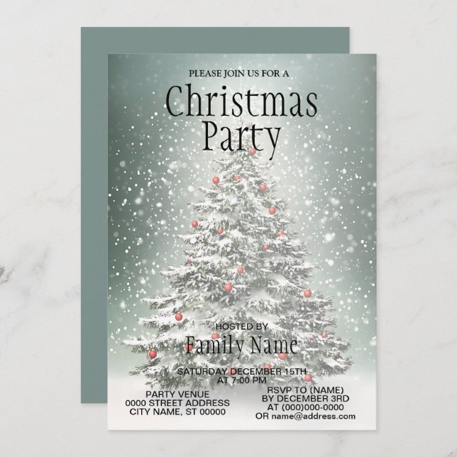 Grönt Julgran Färgfärgade ornament Vita Snö Inbjudningar (Fram/baksida)