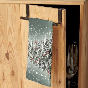 Grönt Julgran Färgfärgade ornament Vita Snö Kökshandduk