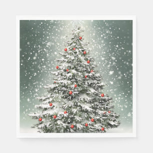 Grönt Julgran Färgfärgade ornament Vita Snö Pappersservett