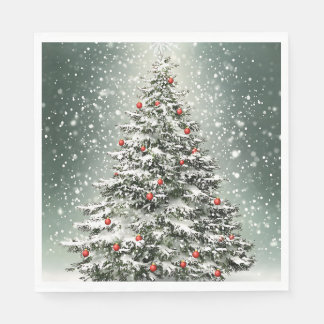Grönt Julgran Färgfärgade ornament Vita Snö Pappersservett
