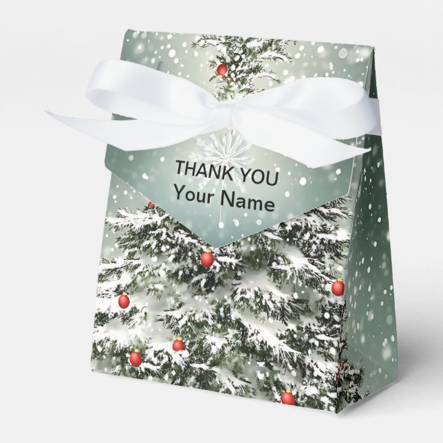 Grönt Julgran Färgfärgade ornament Vita Snö Presentaskar (Framsidan Sidan)