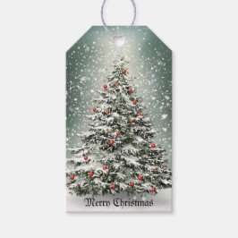 Grönt Julgran Färgfärgade ornament Vita Snö Presentetikett