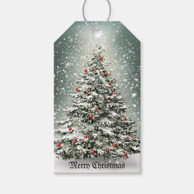 Grönt Julgran Färgfärgade ornament Vita Snö Presentetikett (Framsidan)
