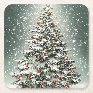 Grönt Julgran Färgfärgade ornament Vita Snö Underlägg Papper Kvadrat