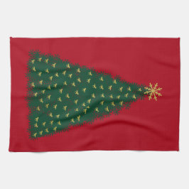 Grönt Julgran, Guld Running Horses on Red Kökshandduk