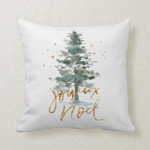 Grönt Julgran Joyeux Noel guld typografi Kudde