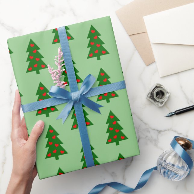 Grönt Julgran med rödhjärter enkelt Presentpapper (Gifting)