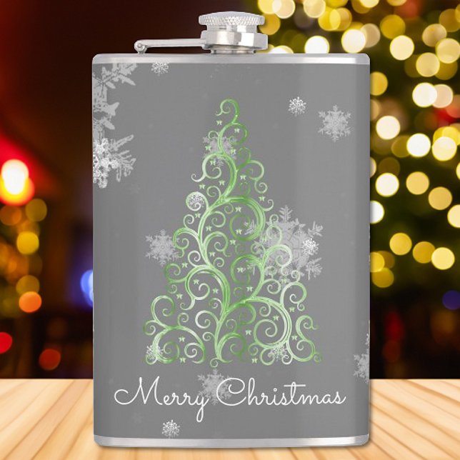 Grönt Julgran och Snöflingor-kolv Fickplunta (Green Christmas Tree and Snowflakes Flask)