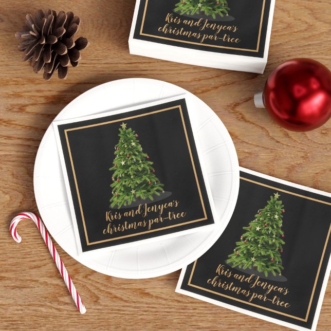 Grönt Julgran Party Black Helgdag Napkins Pappersservett (Add your par-tree details to these Christmas tree paper napkins)