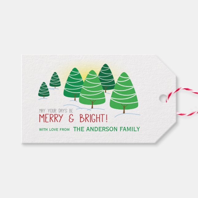 Grönt Julgranar, Merry & Bright, Anpassa Presentetikett (Framsidan (Horizontal))