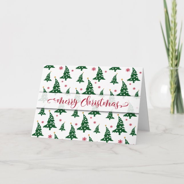 Grönt Julgranar och Röda Snöflingor Mönster Helgkort (Framsida)