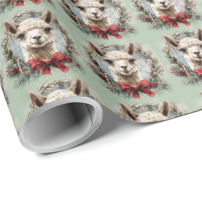 Grönt julpapper med lama-motiv (Rullad Hörn)