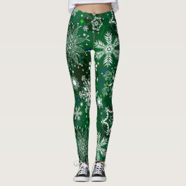 Grönt Julsnowflake mönster-balkar Leggings