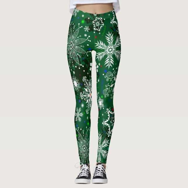 Grönt Julsnowflake mönster-balkar Leggings (Framsida)