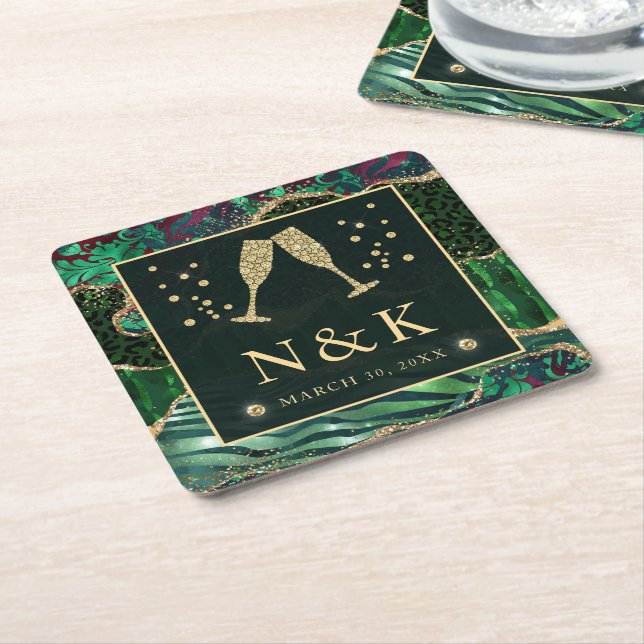 Grönt Jungle Animal Print Glitter Agate Bröllop Underlägg Papper Kvadrat (Vinklad)