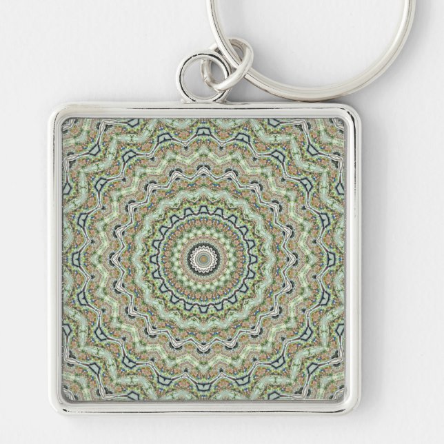 Grönt kaleidoskop fyrkantig silverfärgad nyckelring (Framsidan)