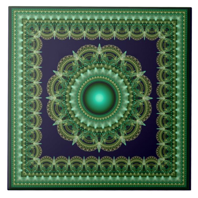 Grönt kaleidoskopisk fraktalram, ornament kakelplatta (Framsidan)