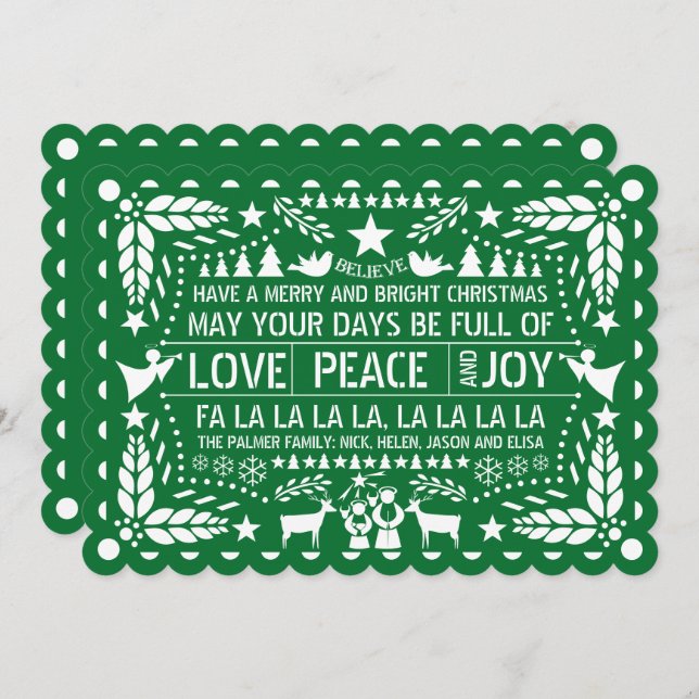 Grönt Kärlek Peace Joy papel picado jul Julkort (Fram/baksida)