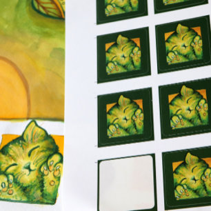 Grönt Kattunge Caturday Art Art Kattmönster Fyrkantigt Klistermärke